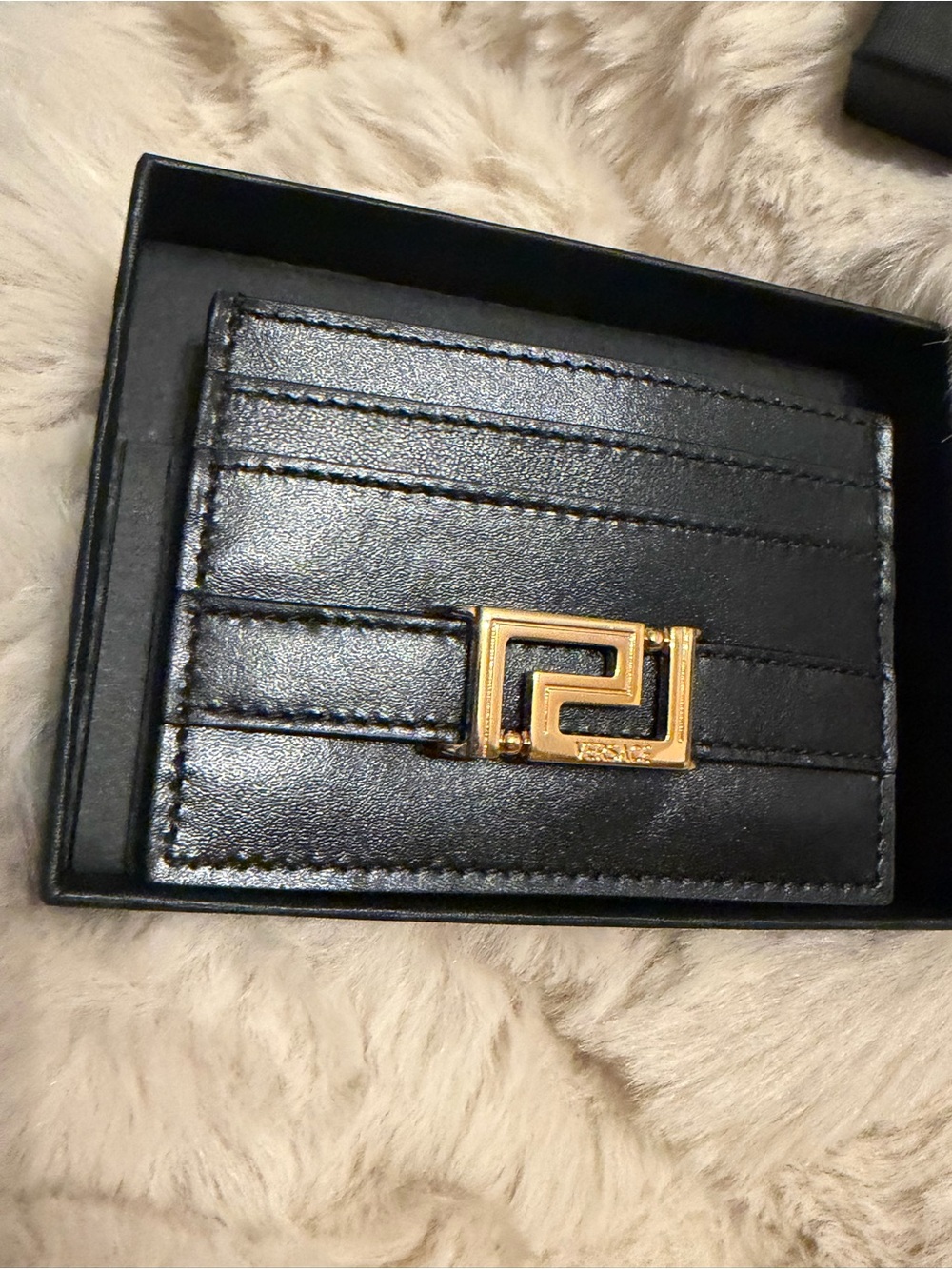 Versace Black Leather Card Sleeve with Gold Greek Key Accent